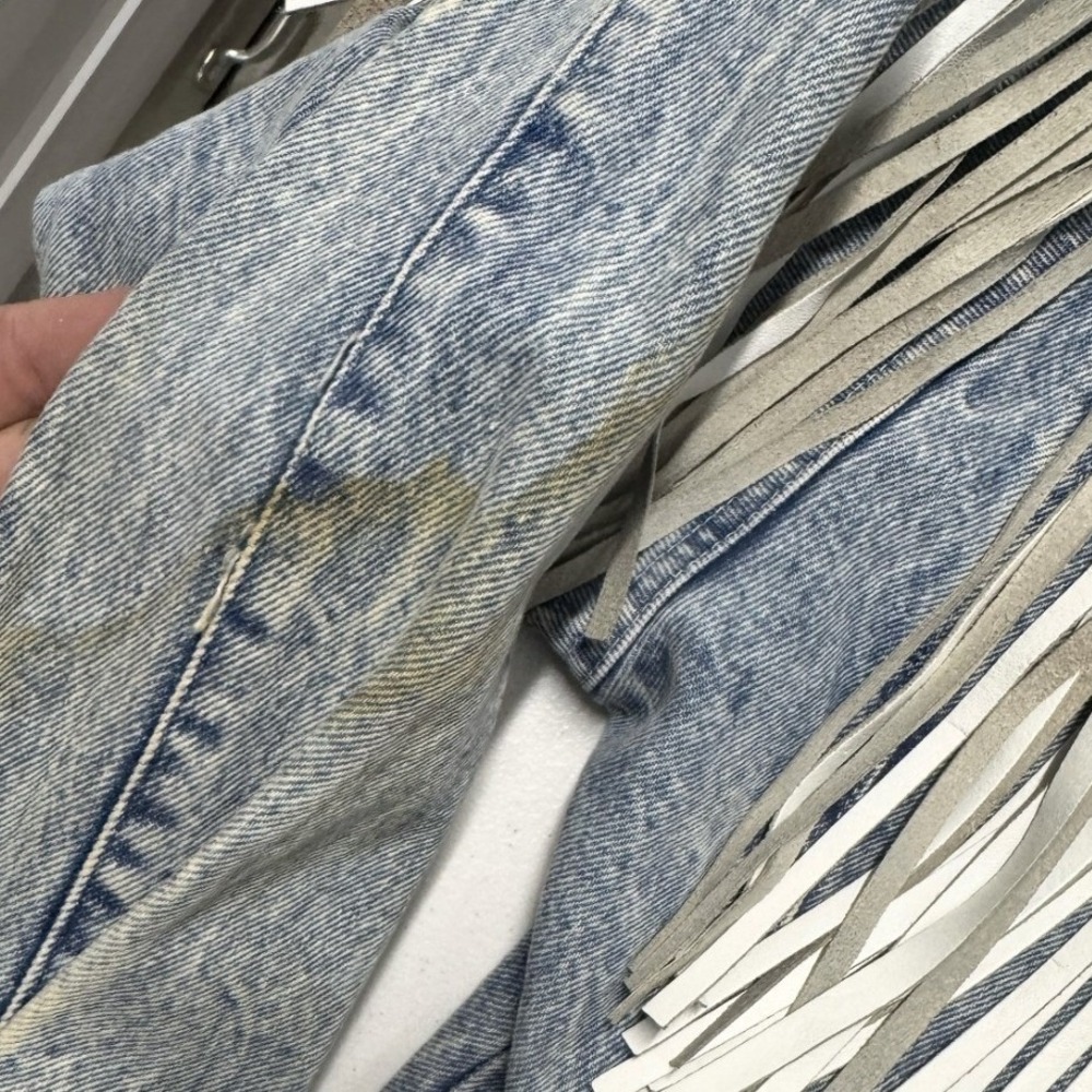 Vintage Acid Wash Denim Fringe Jacket Western 80s Boho Blue White Grey Leather - Picture 4 of 9